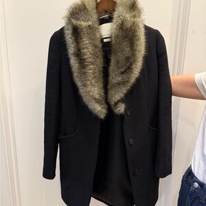 Wilfred (Aritzia) Elegant Black Coat with Faux Fur Collar